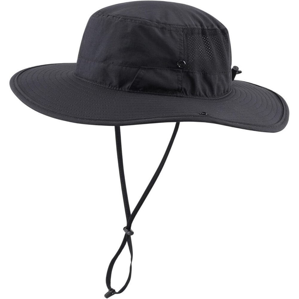 Unisex Black 100% Nylon Wide Brim Boonie With Chin Strap Classic Bucket Hat